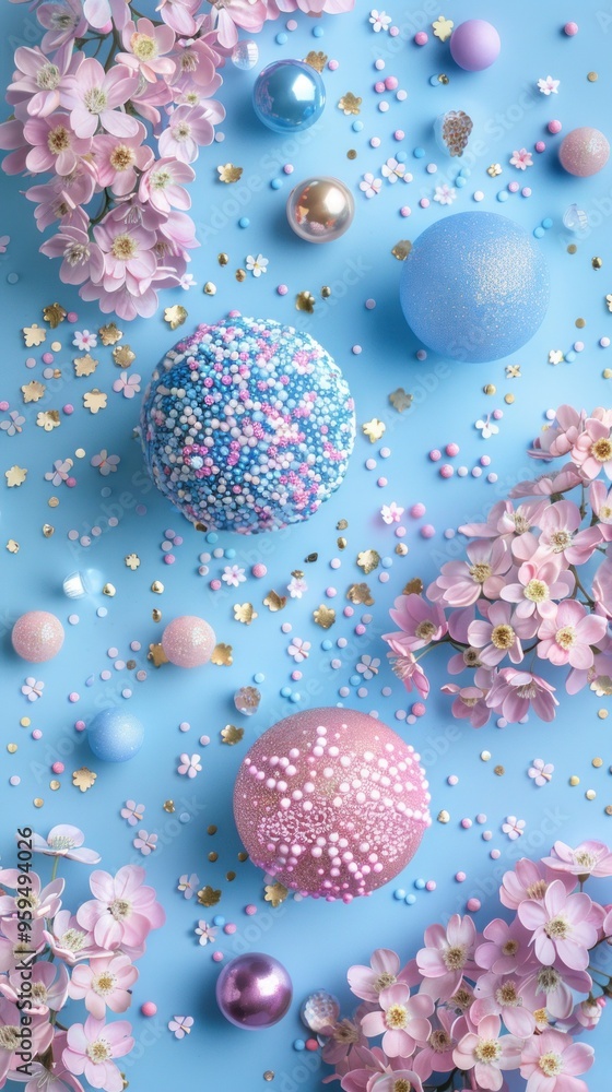 Pastel Pink Flowers and Shiny Balls on a Blue Background. Pastel Pink Flowers and Shiny Balls on a Blue Background.