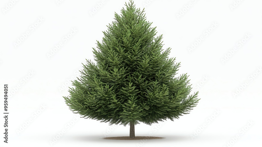 Fototapeta premium A realistic green pine tree standing tall against a clean white background, perfect for nature and holiday themes.