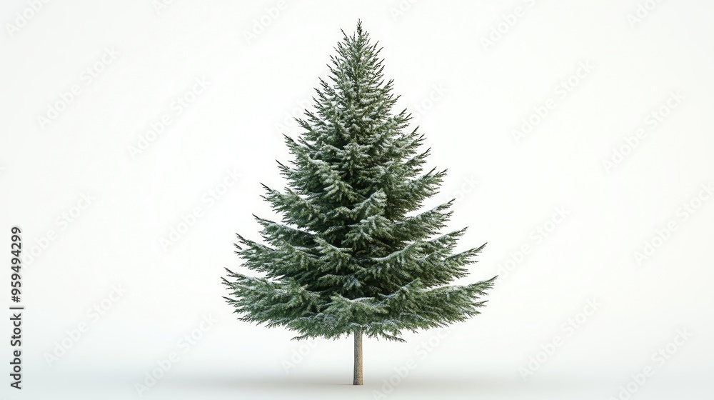 A snowy evergreen tree standing tall against a white background, perfect for winter and holiday themes. A snowy evergreen tree standing tall against a white background, perfect for winter and holiday themes.
