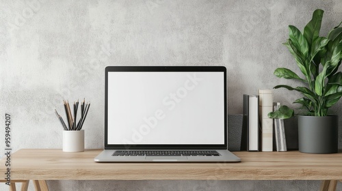 Wallpaper Mural Close up view of modern laptop PC with blank bezel-less screen on wooden table in home interior. mockup template background. Ai generated image Torontodigital.ca
