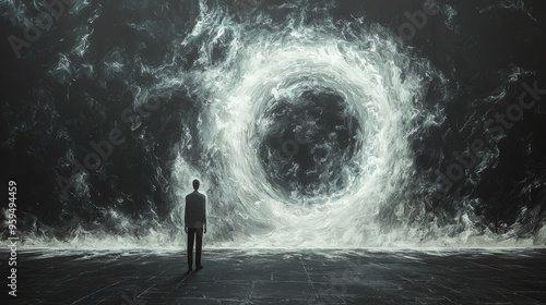 A man stands before a swirling vortex, looking up with wonder and a sense of the unknown.
