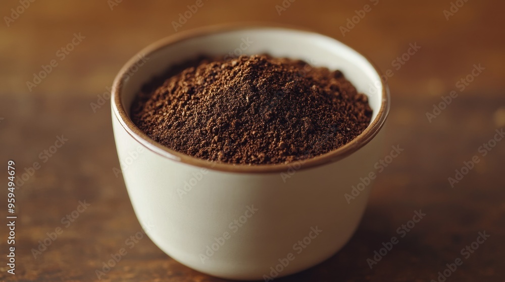 Freshly Ground Dark Roasted Coffee Beans in a White Ceramic Cup on a Wooden Table Freshly Ground Dark Roasted Coffee Beans in a White Ceramic Cup on a Wooden Table