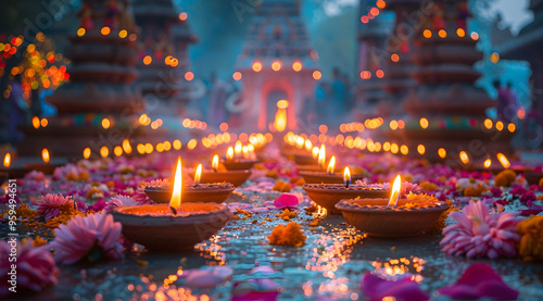 Illuminated Clay Diyas with Flower Petals, a Festive Background Image