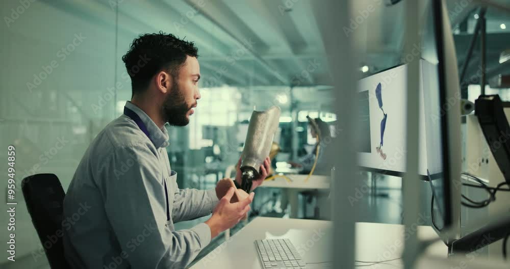 Man, developer or technology with prosthetic leg for research, 3d modeling or artificial body part at office. Young, male person or prosthetist with synthetic limb for amputation injury or disability Man, developer or technology with prosthetic leg for research, 3d modeling or artificial body part at office. Young, male person or prosthetist with synthetic limb for amputation injury or disability
