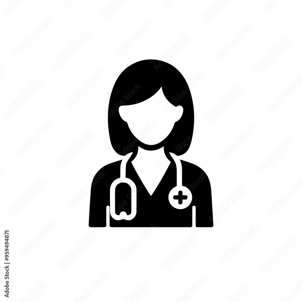 Fototapeta premium Female Doctor Icon with Stethoscope in Black Silhouette
