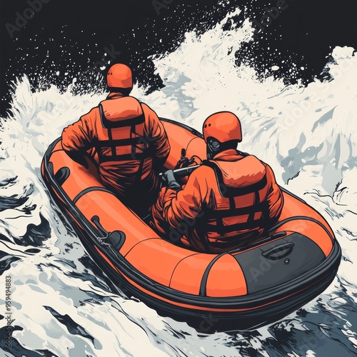 Two individuals in safety gear navigating rough waters in an orange inflatable boat, showcasing teamwork and adventure. photo