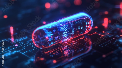 Futuristic digital capsule on a glowing circuit background, symbolizing innovation in medicine and technology.
