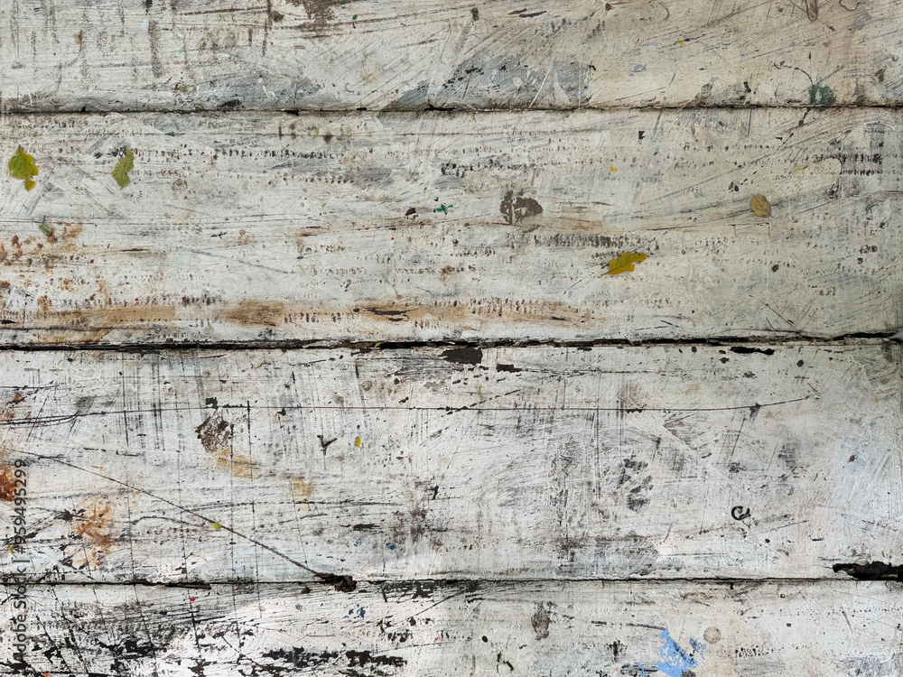 Close up of rustic and weathered white oak wood with dirts and open pores and woodgrain as a solid table top. Close up of rustic and weathered white oak wood with dirts and open pores and woodgrain as a solid table top.