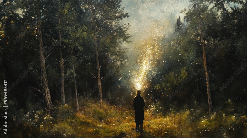 Fototapeta premium Illustration of a tourist walking on a path in a foggy forest. Ai generated image