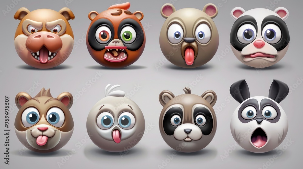Fototapeta premium Cute Cartoon Animal Emojis with Different Expressions.