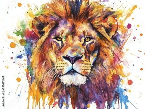 Watercolor Lion Portrait with Colorful Splatter Background