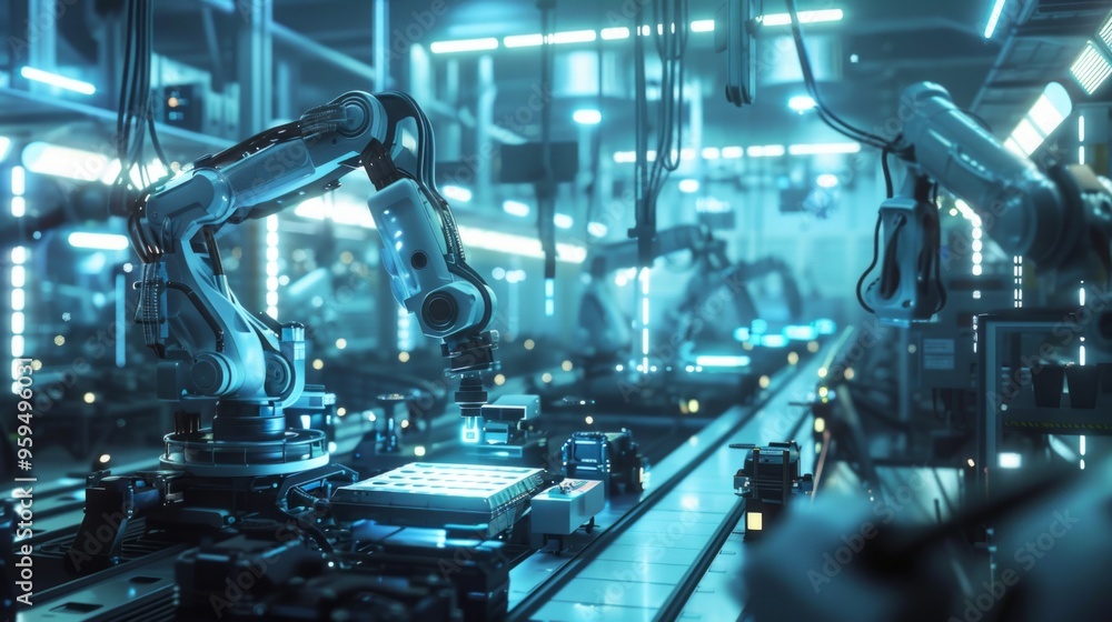 Imagine a bustling factory floor filled with automated robots assembling futuristic gadgets. Imagine a bustling factory floor filled with automated robots assembling futuristic gadgets.