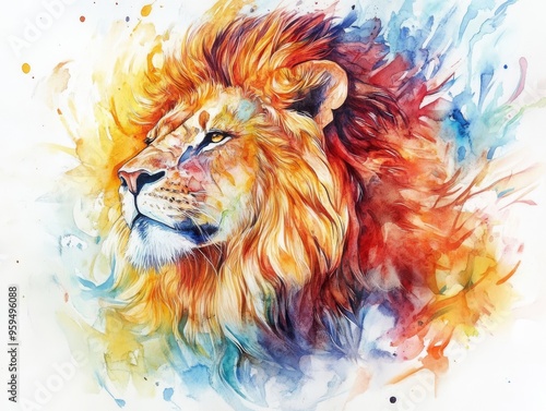 Watercolor Lion Portrait with Colorful Splashes photo