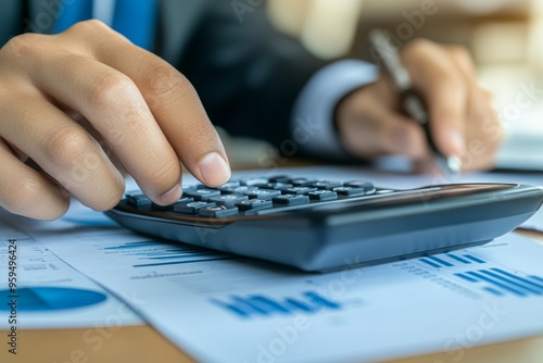 Closeup of a hand using a calculator to analyze financial data.