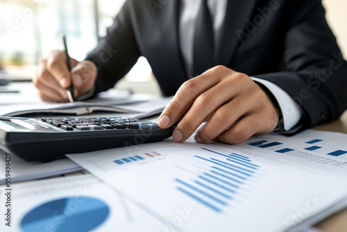 Closeup of a businessman's hand using a calculator and reviewing financial documents.