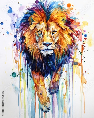 Watercolor Painting of a Lion with Colorful Splashes