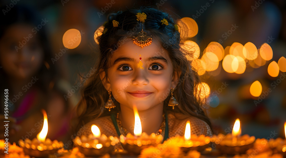 Smiling Girl With Flowers In Hair And Lit Candles - Photo Smiling Girl With Flowers In Hair And Lit Candles - Photo