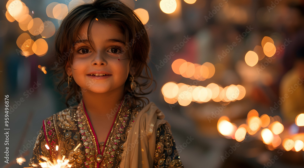 Smiling Girl Holding Sparkler with Bokeh Lights in Background - Photo Smiling Girl Holding Sparkler with Bokeh Lights in Background - Photo
