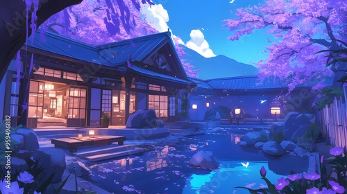 eaceful Nighttime Landscape of a Japanese Courtyard with Blooming Cherry Blossoms photo