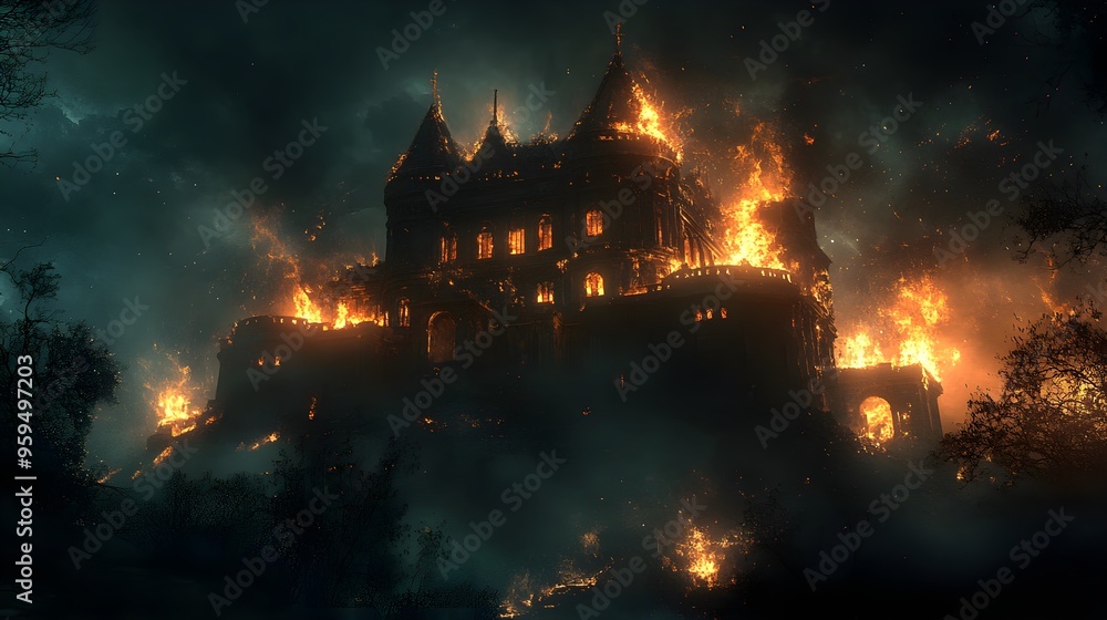 Mansion perched on a hill, ablaze under the night sky, flames crackling as the building succumbs to fire, scattering sparks into the dark Mansion perched on a hill, ablaze under the night sky, flames crackling as the building succumbs to fire, scattering sparks into the dark