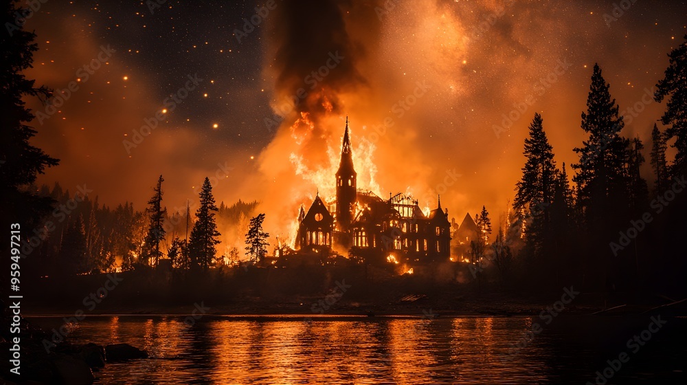 Majestic mansion in ruins, engulfed by flames under a starry sky, towering fire visible for miles, eerie glow reflecting on nearby water, tragic and powerful Majestic mansion in ruins, engulfed by flames under a starry sky, towering fire visible for miles, eerie glow reflecting on nearby water, tragic and powerful