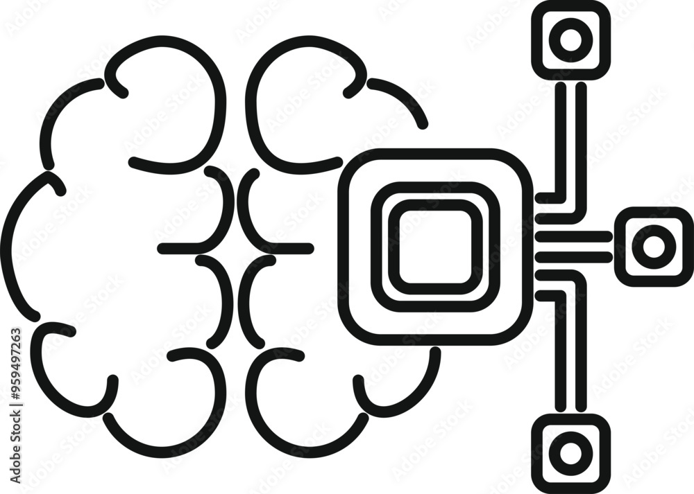 Line art vector icon of a microchip processing data from a human brain, representing artificial intelligence Line art vector icon of a microchip processing data from a human brain, representing artificial intelligence