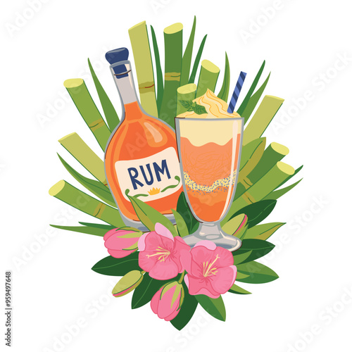 Vector composition with bottle of rum, refreshing cocktail and tropical flowers. Illustration for beach bar menu. Cruise vacation, summer holidays, party, cafe, vacation. photo