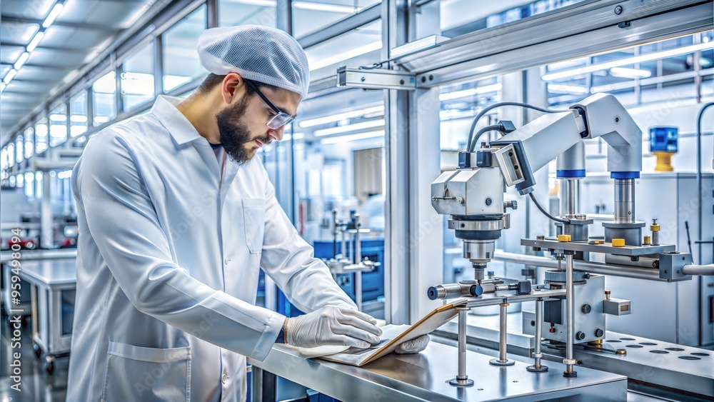 Scientist programming robotic equipment in a sterile lab for genetic engineering projects Scientist programming robotic equipment in a sterile lab for genetic engineering projects