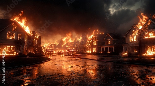 Wallpaper Mural Nighttime fire engulfing multiple houses, with firefighters battling intense flames, high contrast lighting, realistic style, detailed smoke and sparks, insurance scene, dark sky Torontodigital.ca