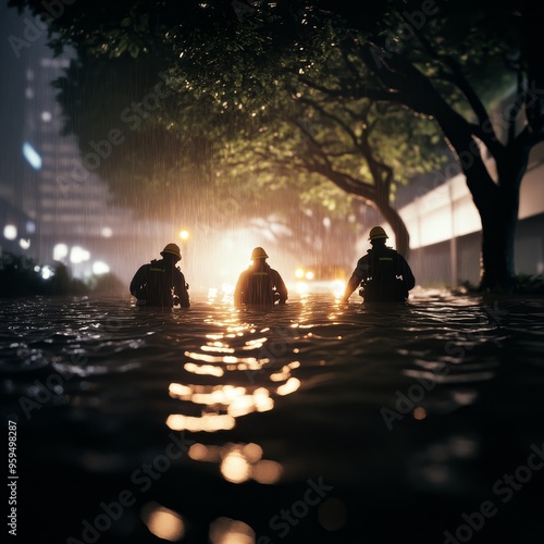 Three rescuers navigate a flooded street at night, illuminated by streetlights and the glow of distant vehicles.