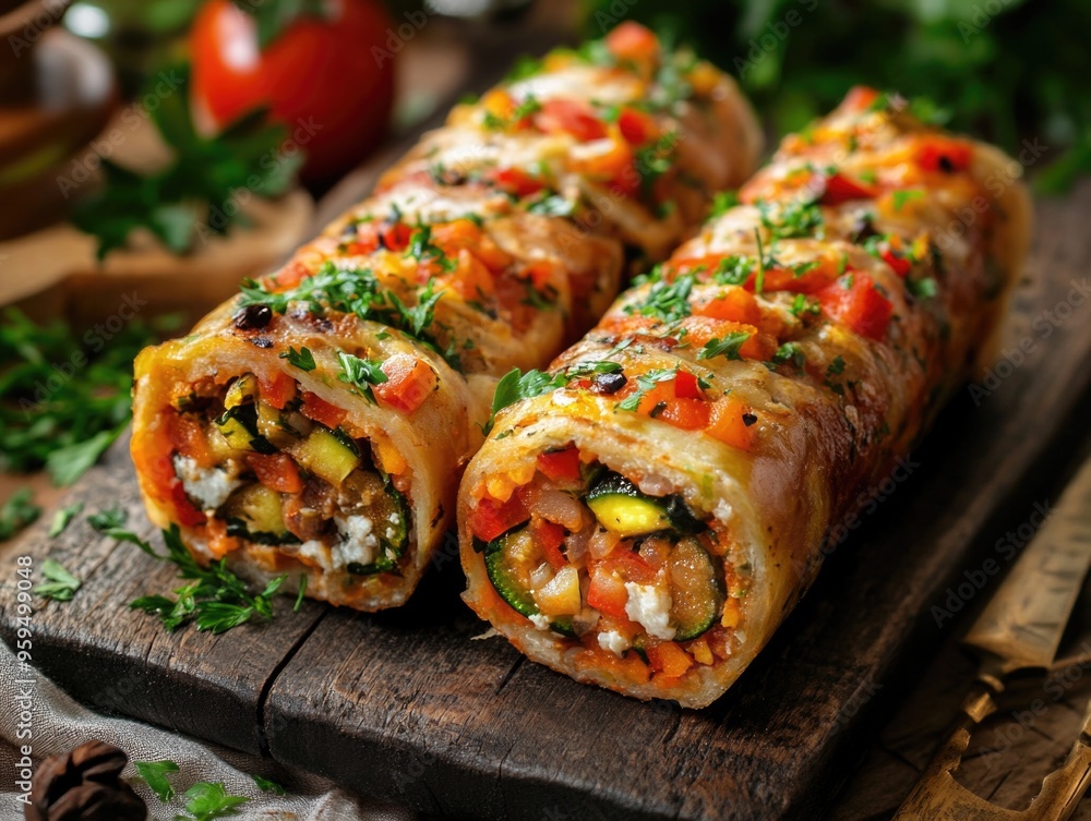 Wooden Cutting Board with Food Rolls Wooden Cutting Board with Food Rolls