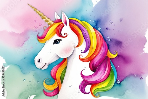 Bright Colorful Unicorn Watercolor Illustration Clip Art