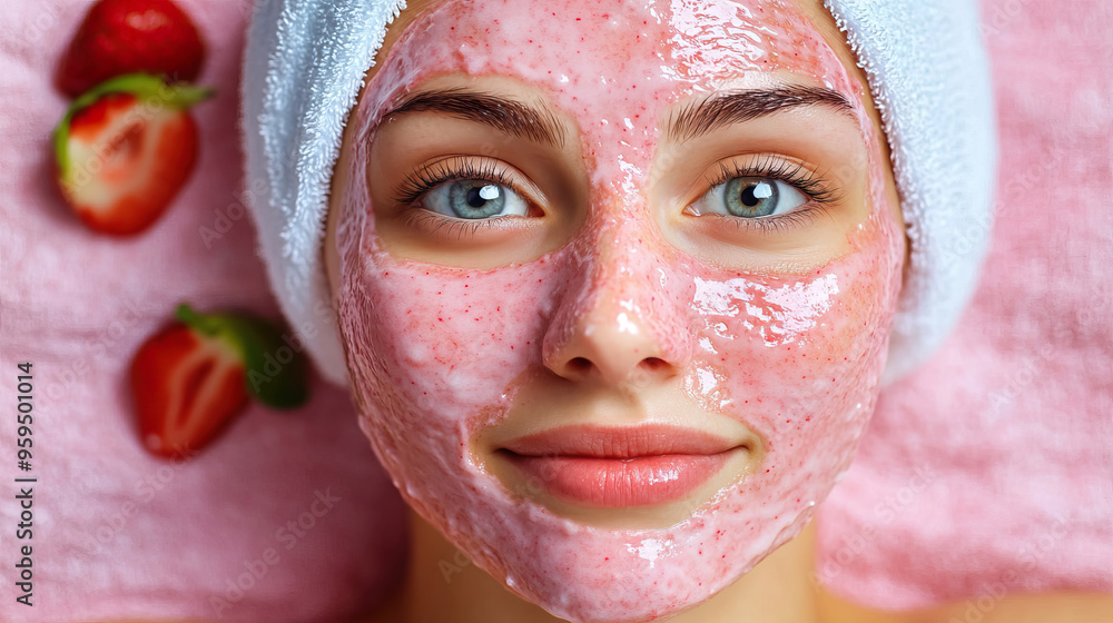 top view close up woman face with natural homemade strawberry facial masks. top view close up woman face with natural homemade strawberry facial masks.