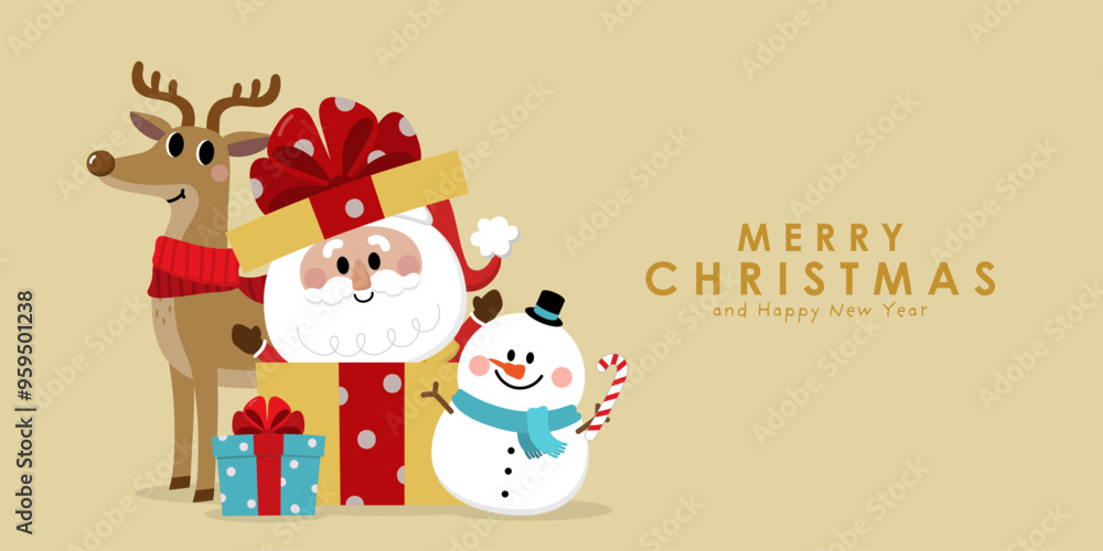 Merry Christmas and happy new year with Santa Claus, deer and dog. Holiday cartoon character in winter season. -Vector Merry Christmas and happy new year with Santa Claus, deer and dog. Holiday cartoon character in winter season. -Vector