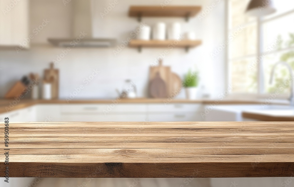 Empty wooden counter top in front of a blurred kitchen background. Empty wooden counter top in front of a blurred kitchen background.