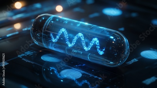 A futuristic capsule with vibrant blue wave patterns on a dark technological background, symbolizing innovation and science.