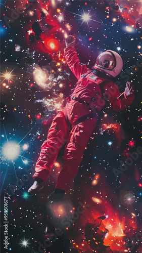 Astronaut in Red Space Suit Floating in Space with Stars and Nebula Background