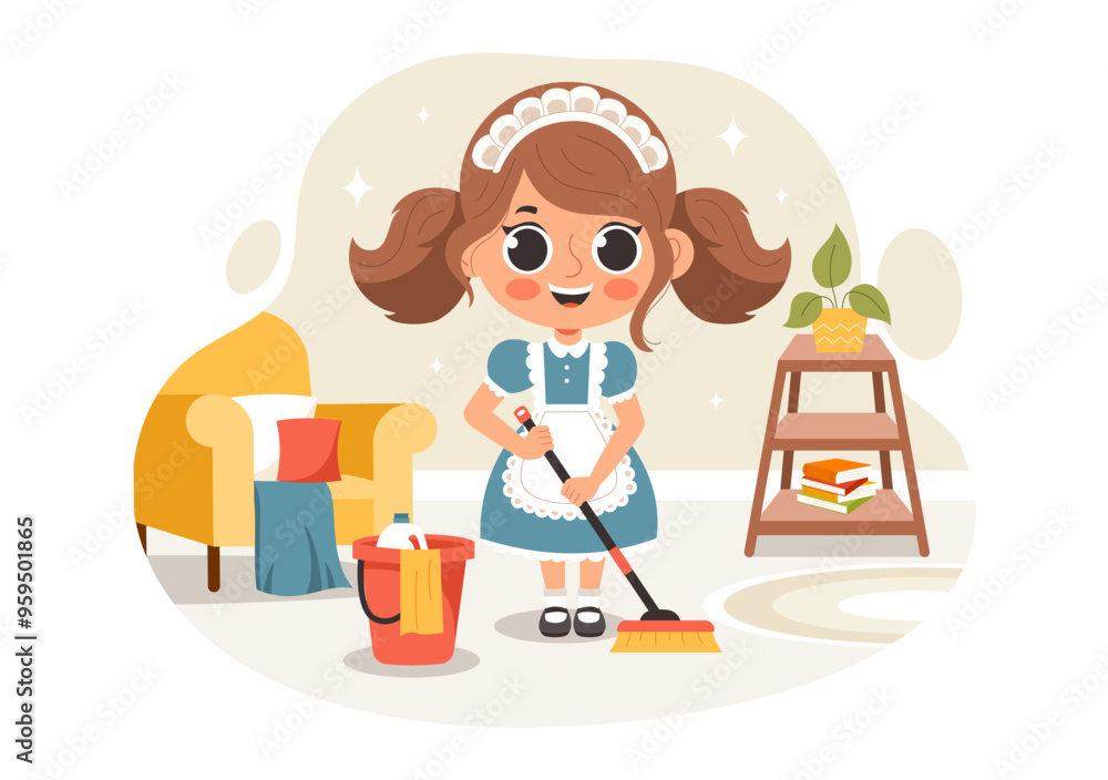 Professional Maid Vector Illustration of a Girl Cleaning Service Worker Wearing a Uniform and Apron While Cleaning a House in a Cartoon Background Professional Maid Vector Illustration of a Girl Cleaning Service Worker Wearing a Uniform and Apron While Cleaning a House in a Cartoon Background