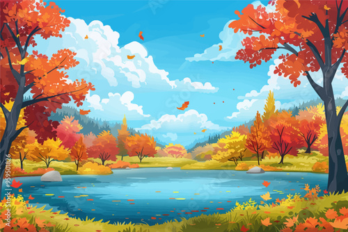 Autumnal Scenery: A Serene Lake Amidst a Forest of Falling Leaves