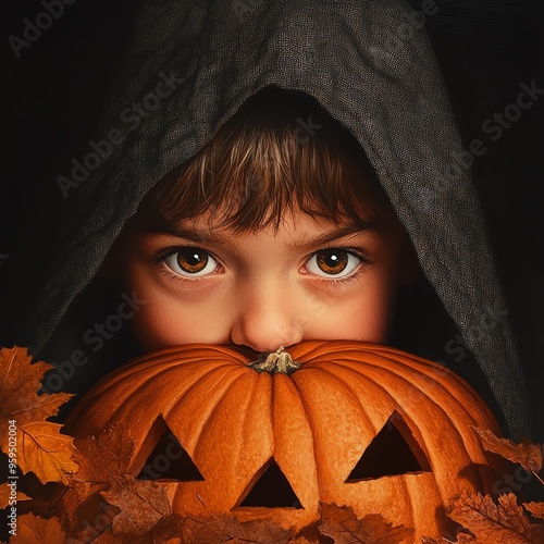 A child in a dark hood holds a carved pumpkin, surrounded by autumn leaves, capturing the spirit of Halloween.