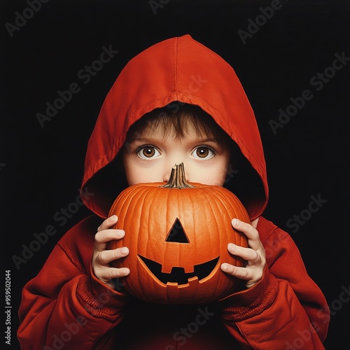 A child in a red hoodie holds a carved pumpkin, embodying the spirit of Halloween with wide, curious eyes.