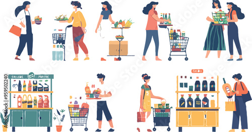 Set of different customers in a grocery store. People make purchases of food and drinks. Routine and household chores concepts. Vector flat illustrations on a white background