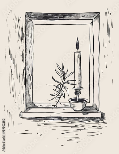 Candle in a pot on a windowsill
