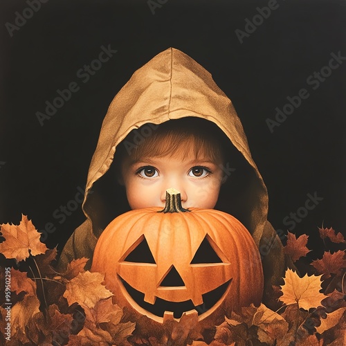 A young child with a pumpkin, surrounded by autumn leaves, embodying the spirit of Halloween.