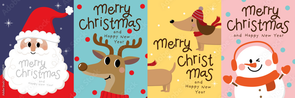 Fototapeta premium Merry Christmas and happy new year with Santa Claus, deer and dog. Holiday cartoon character in winter season. -Vector