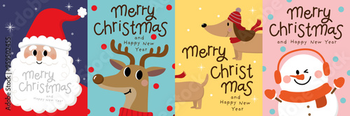 Merry Christmas and happy new year with Santa Claus, deer and dog. Holiday cartoon character in winter season. -Vector