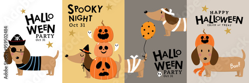 Happy halloween invitation card with cute dachshund puppy and dog in party costumes. Animals holidays cartoon character. -Vector 