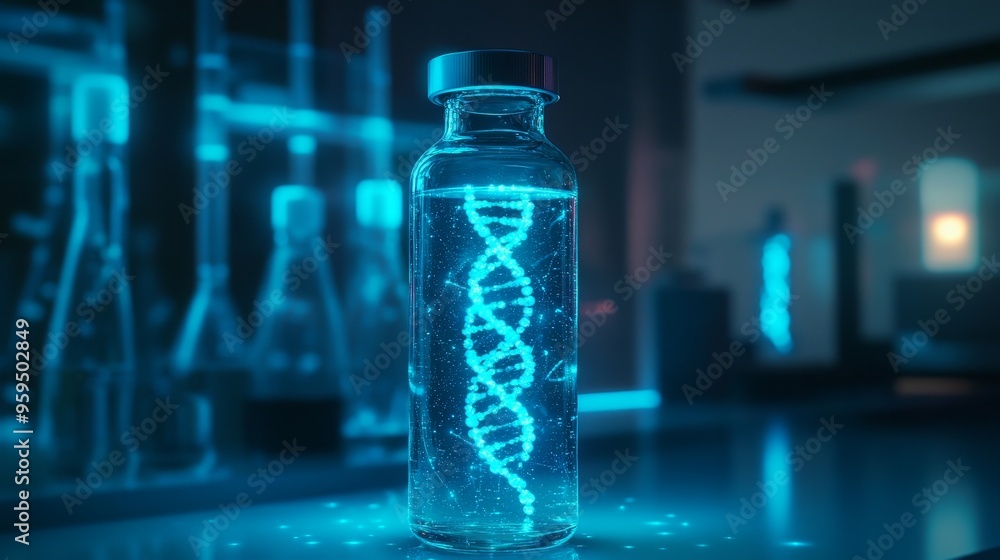 A futuristic laboratory scene featuring a glowing DNA helix inside a glass vial, representing genetic research and biotechnology. A futuristic laboratory scene featuring a glowing DNA helix inside a glass vial, representing genetic research and biotechnology.
