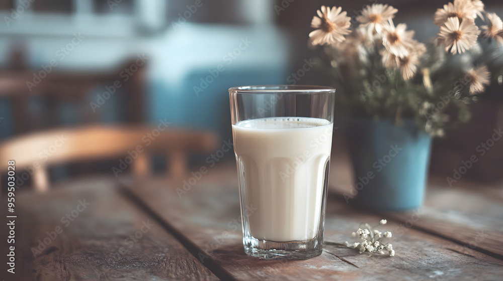 clear glass of milk, sitting on a worn wooden table, surrounded by rustic farmhouse decor clear glass of milk, sitting on a worn wooden table, surrounded by rustic farmhouse decor