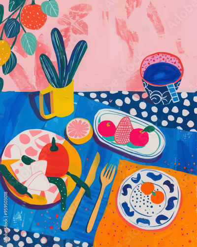 Colorful still life with fruit, cactus, and tableware